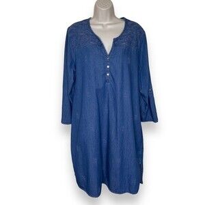 Nurture Chambray Denim Roll Tab Sleeve Embroidered Blue Shift Dress Women XL